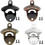 Cuatro destapadores de pared para cerveza con la frase Let's Drink, disponibles en acabados negro, bronce, dorado envejecido y plateado con sus tornillos.