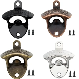 Cuatro destapadores de pared para cerveza con la frase Let's Drink, disponibles en acabados negro, bronce, dorado envejecido y plateado con sus tornillos.