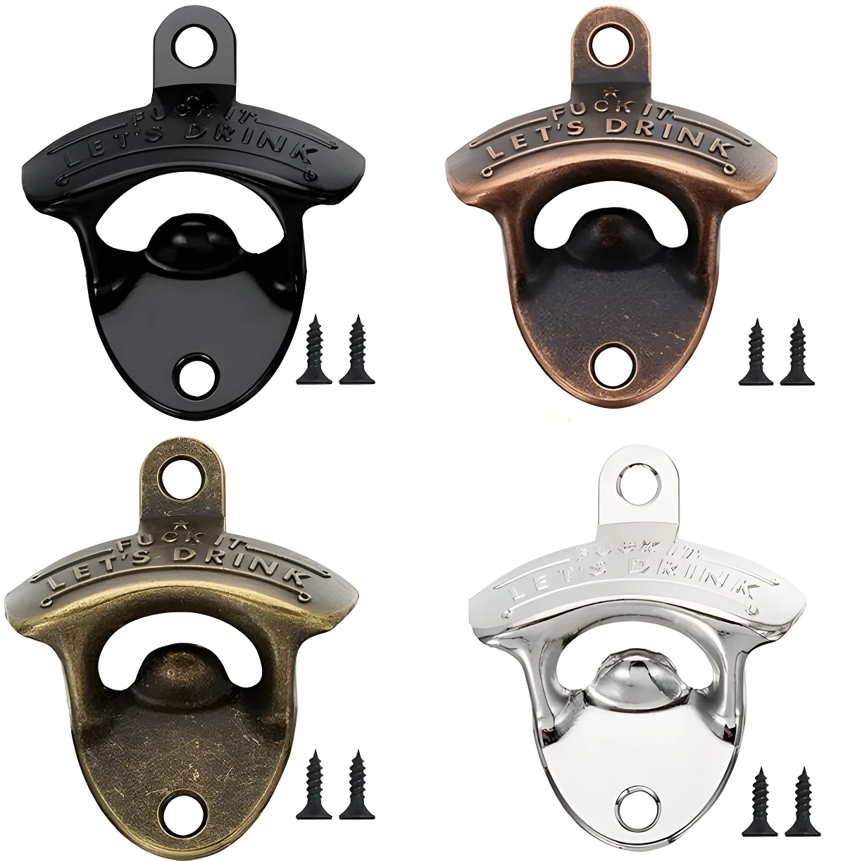 Cuatro destapadores de pared para cerveza con la frase Let's Drink, disponibles en acabados negro, bronce, dorado envejecido y plateado con sus tornillos.