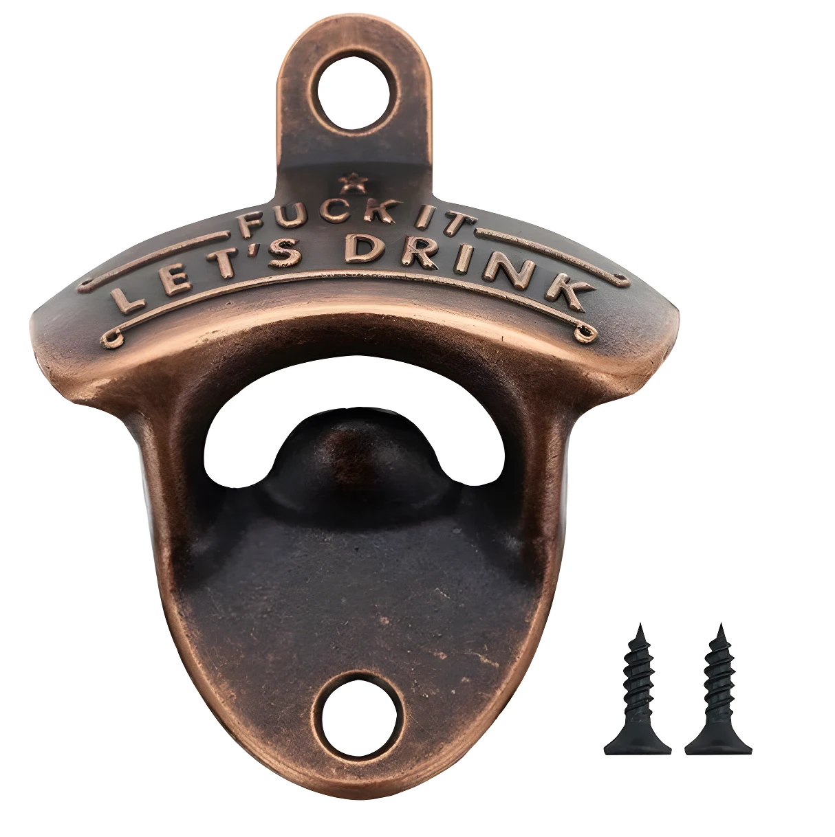 Destapador de pared para cerveza en metal tono cobre antiguo con relieve "FUCK IT LET'S DRINK", incluye dos tornillos de fijación negros.