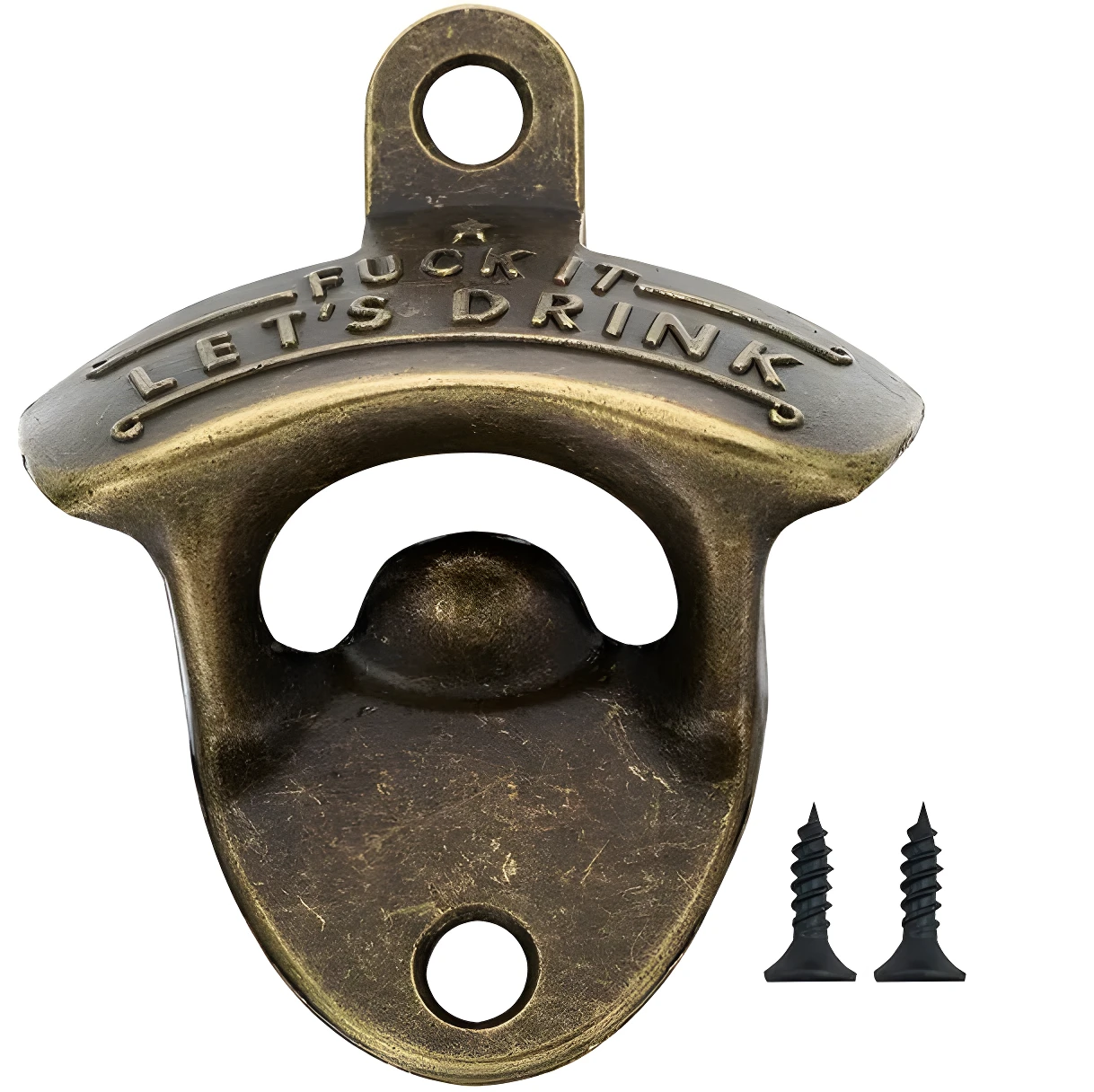 Destapador de pared para cerveza en metal tono bronce envejecido con la frase Fuck it, let's drink grabada, incluye dos tornillos de fijación negros.
