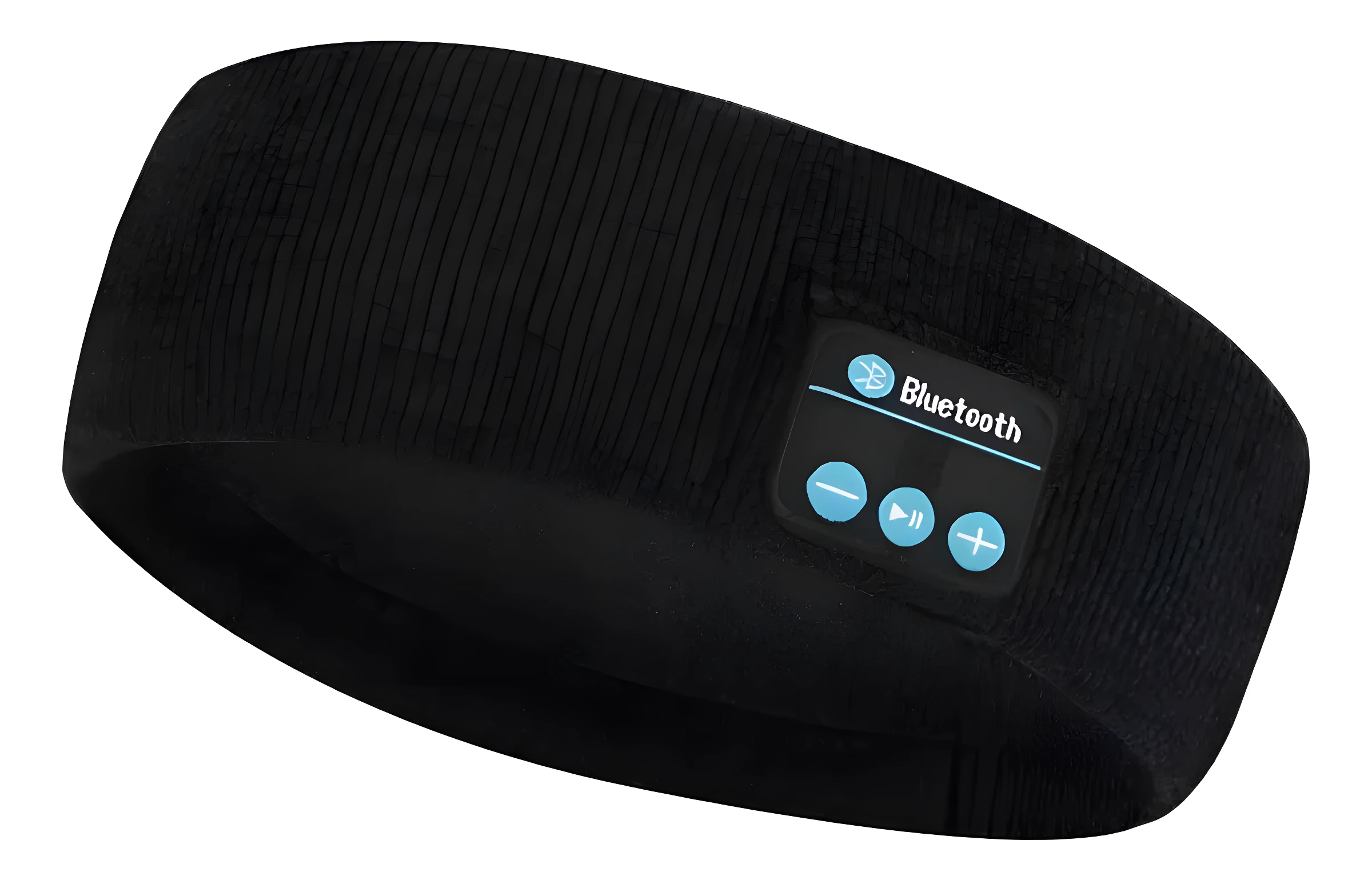 Diadema deportiva negra con panel Bluetooth, controles de volumen y reproducción.