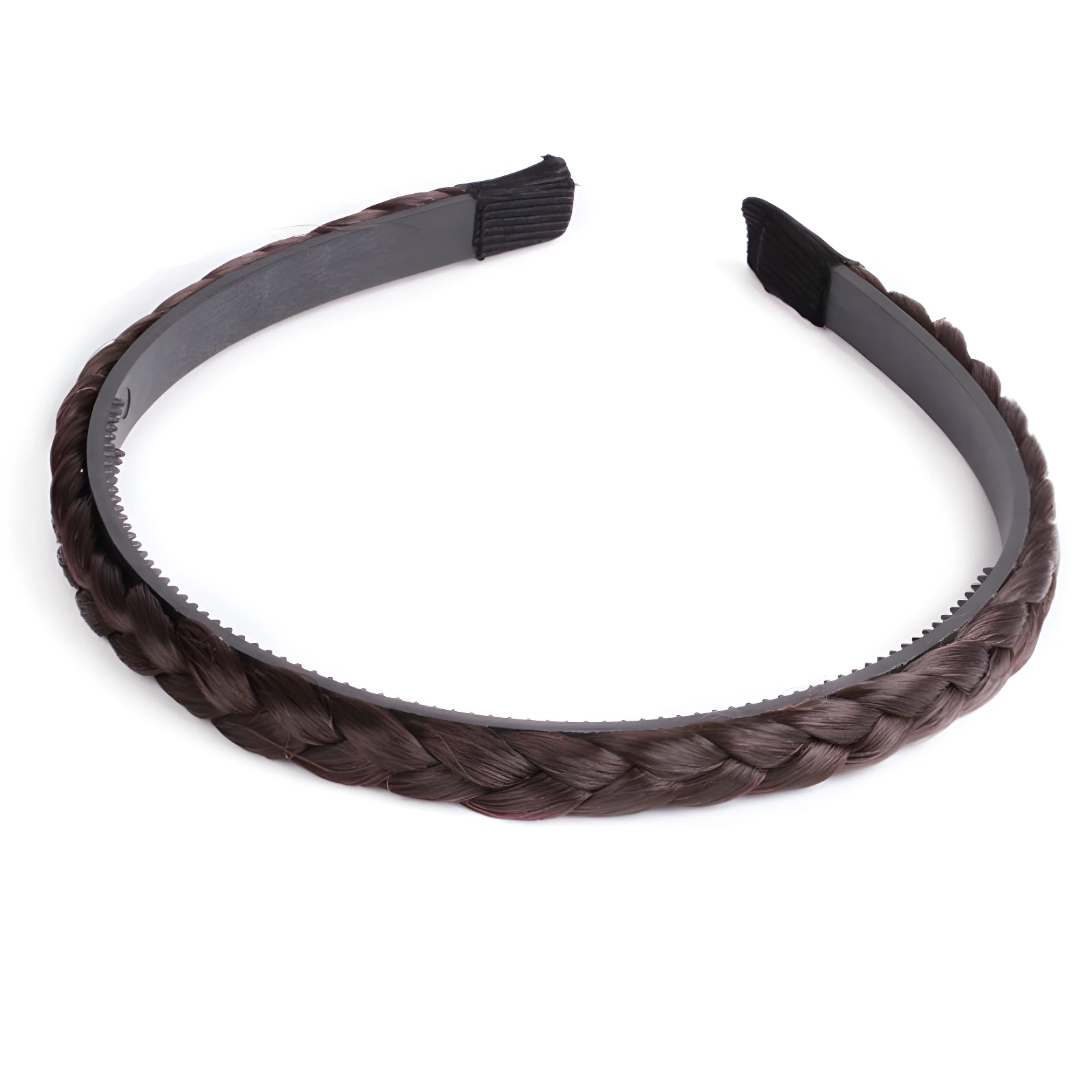 Diadema café con trenza postiza, dientes interiores para mejor sujeción.