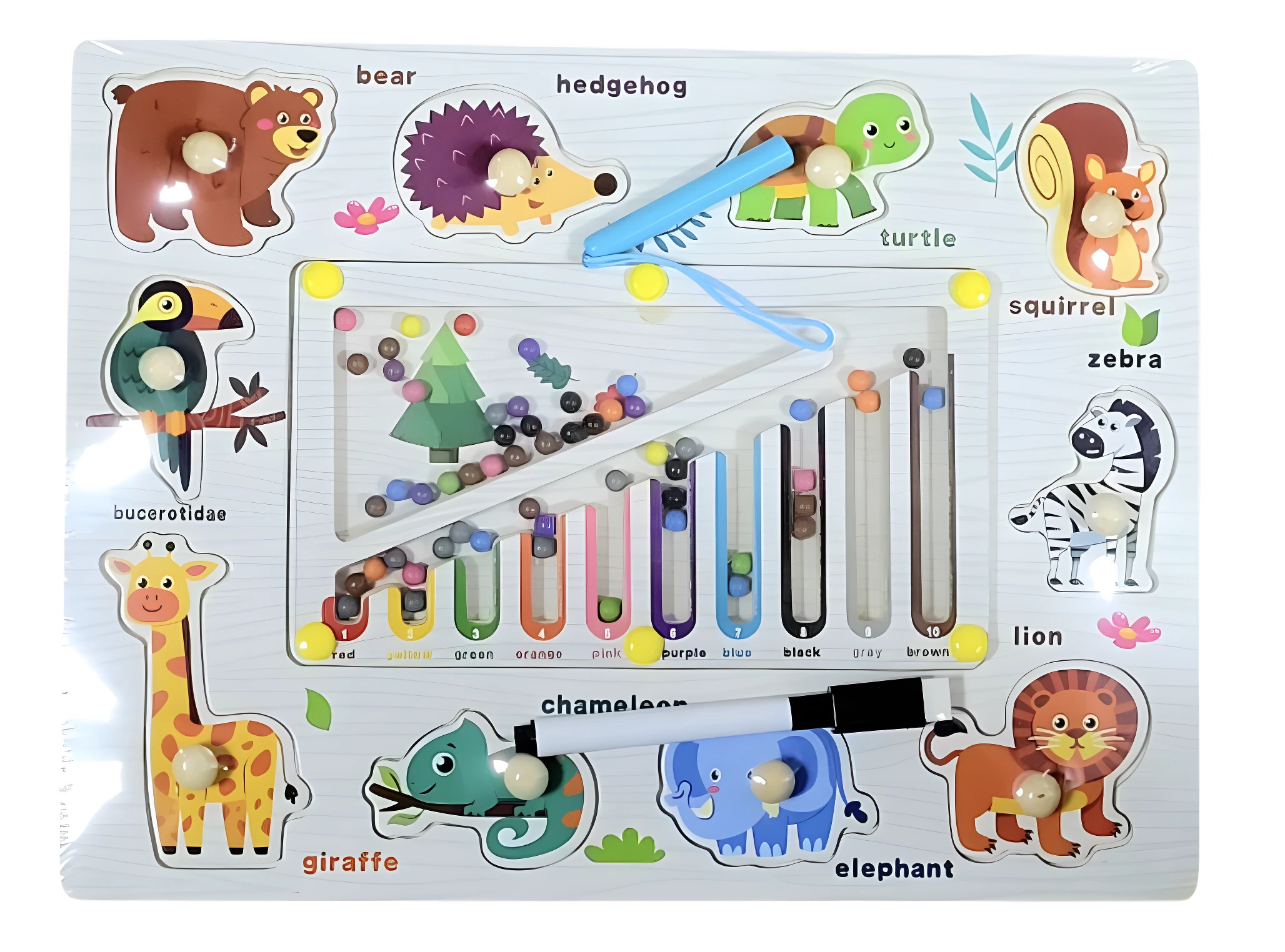 Rompecabezas madera didáctico animales, laberinto magnético para contar colores y aprender inglés.