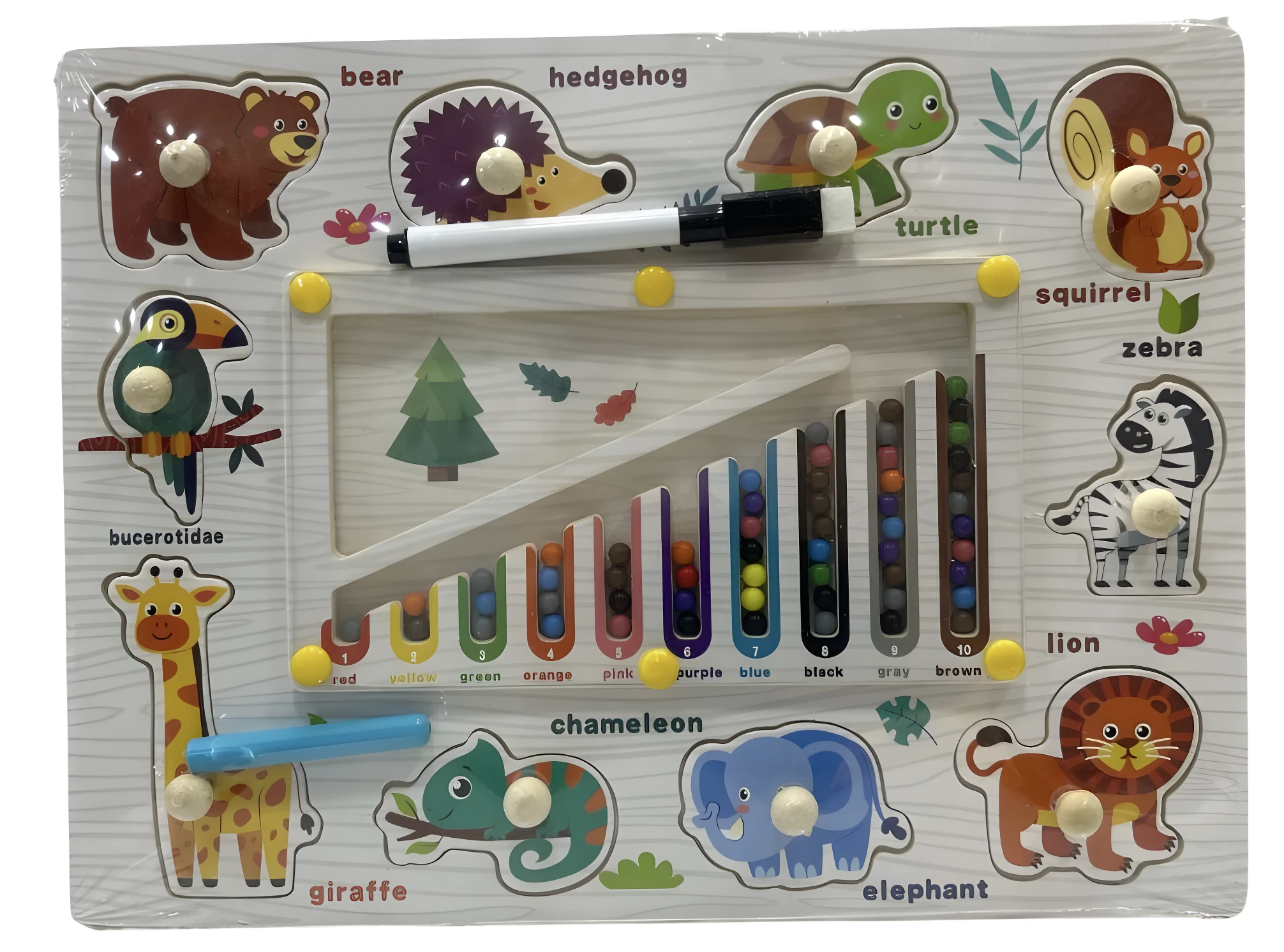 Tablero de rompecabezas de madera con 10 figuras de animales, marcador y canicas de colores para conteo.