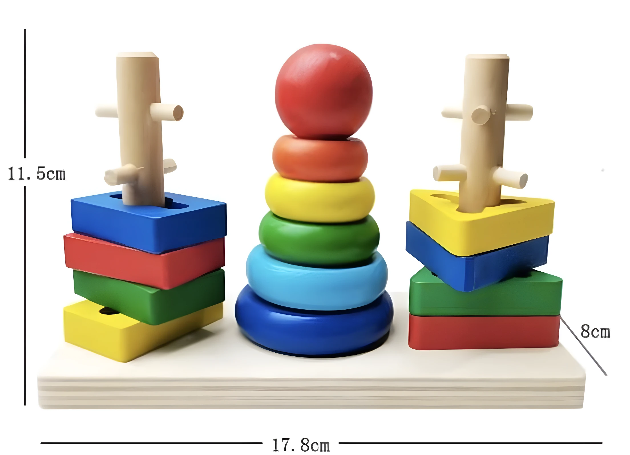 Juego didáctico de madera con base de 17.8cm. Incluye torre de apilamiento de aros y dos postes con bloques de formas para encajar. Altura máxima 11.5cm.