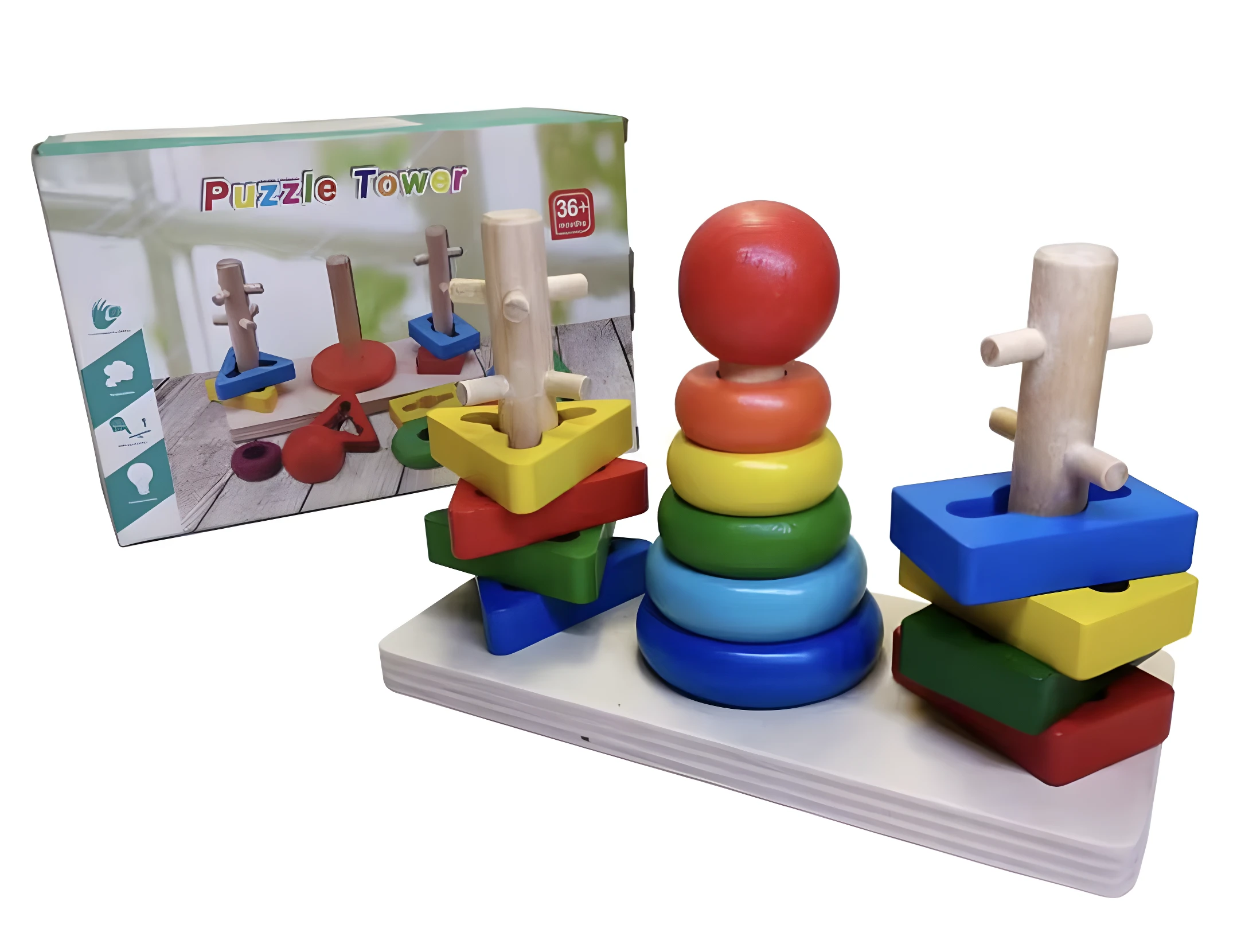 Juego didáctico de madera Puzzle Tower con torre de apilamiento de anillos por tamaño y torre de encaje de formas geométricas en base blanca.