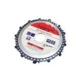 Disco de tallado para madera de 115x22.23mm con borde de cadena tipo motosierra y etiqueta de advertencia.