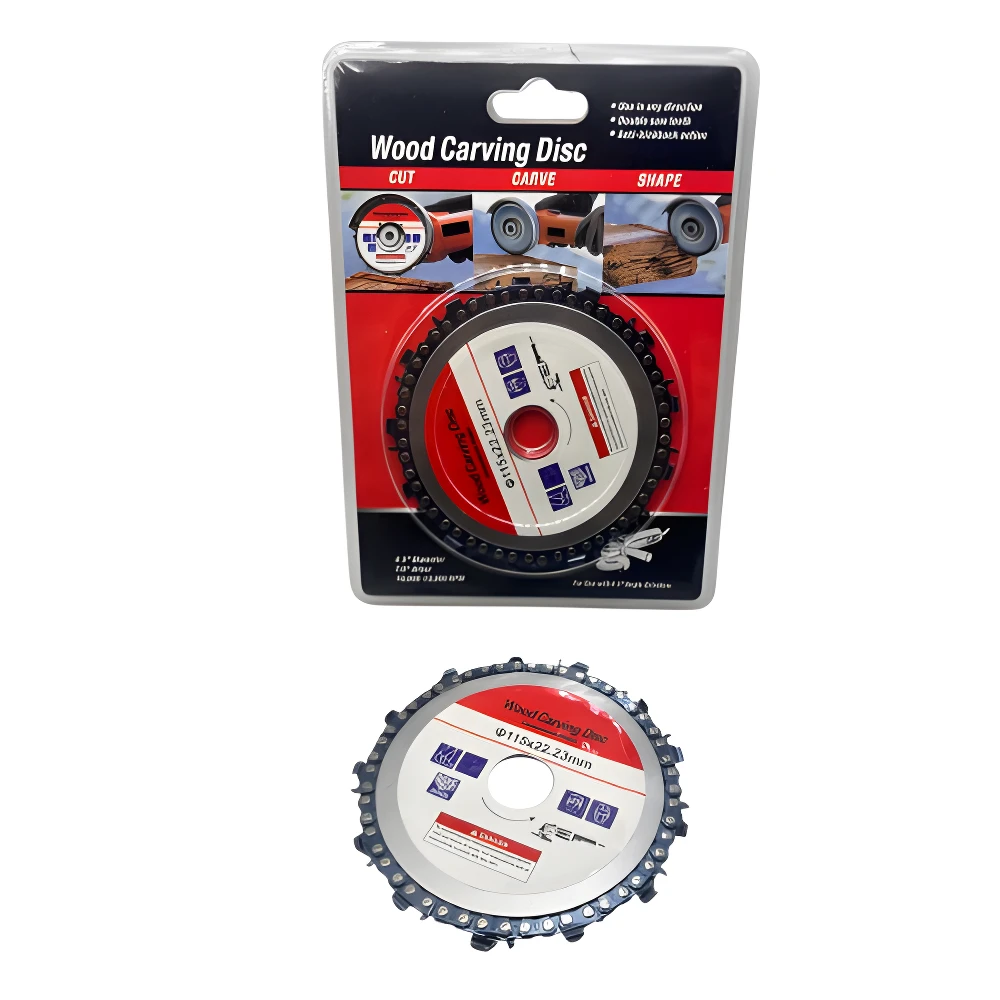 Disco de tallado para madera con cadena, diámetro 115x22.23mm, presentado en empaque blister y suelto.