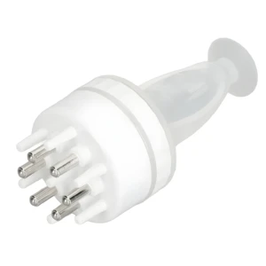 Dispensador de aceite para cabello blanco con aplicador de 8 púas metálicas de contacto para masaje capilar.