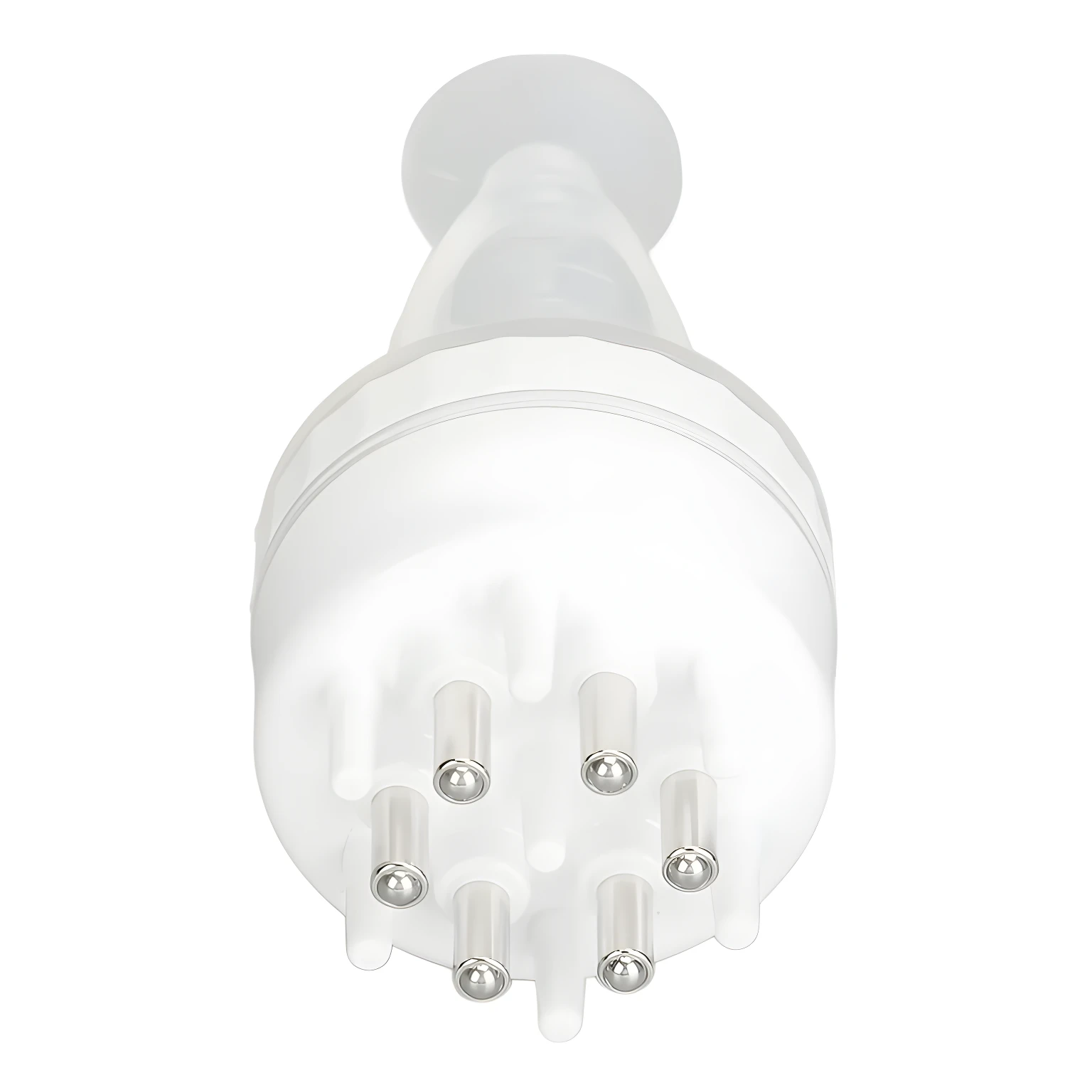 Cabezal aplicador de dispensador de aceite capilar blanco con cinco puntas translúcidas terminadas en esfera metálica plateada.