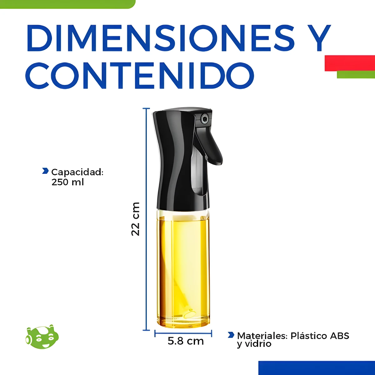 Dispensador de aceite 250 ml, 22 cm alto x 5.8 cm ancho, cuerpo de vidrio y atomizador negro ABS.