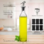 Dispensador de aceite vidrio transparente 10.5" con pico dosificador metálico, embudo y etiquetas pizarra.