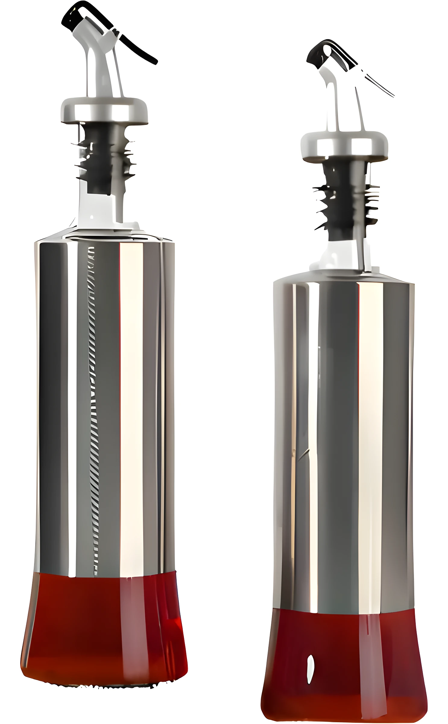 Dos dispensadores de aceite tipo vertedor, cuerpo metálico plateado, base inferior transparente con líquido rojizo oscuro.