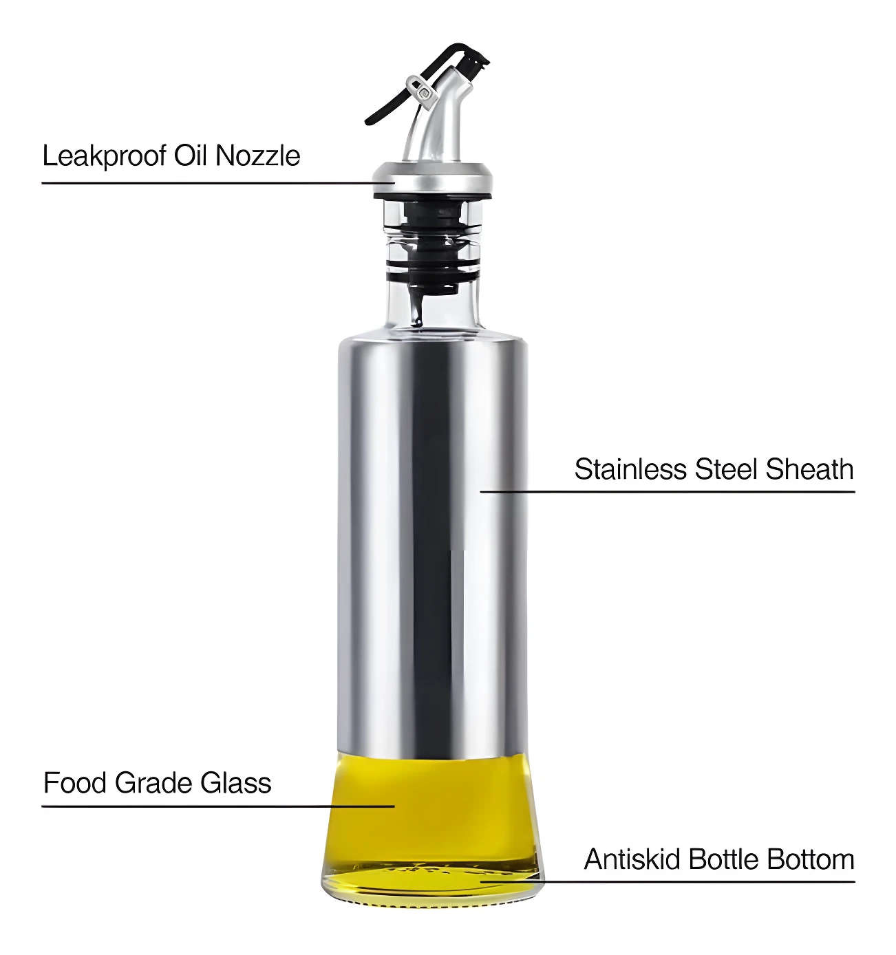 Dispensador de aceite con cuerpo de vidrio y revestimiento de acero inoxidable, boquilla antiderrames y base antideslizante.