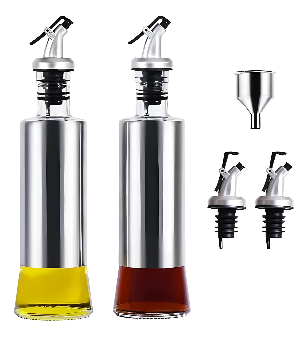 Dos dispensadores de aceite vidrio/acero inoxidable llenos (uno amarillo, otro oscuro), con vertedores, más embudo y dos vertedores repuesto.
