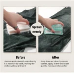 Comparación antes y después del uso de dispensador de jabón en barra para aplicación uniforme sobre tela oscura, evitando contacto directo.