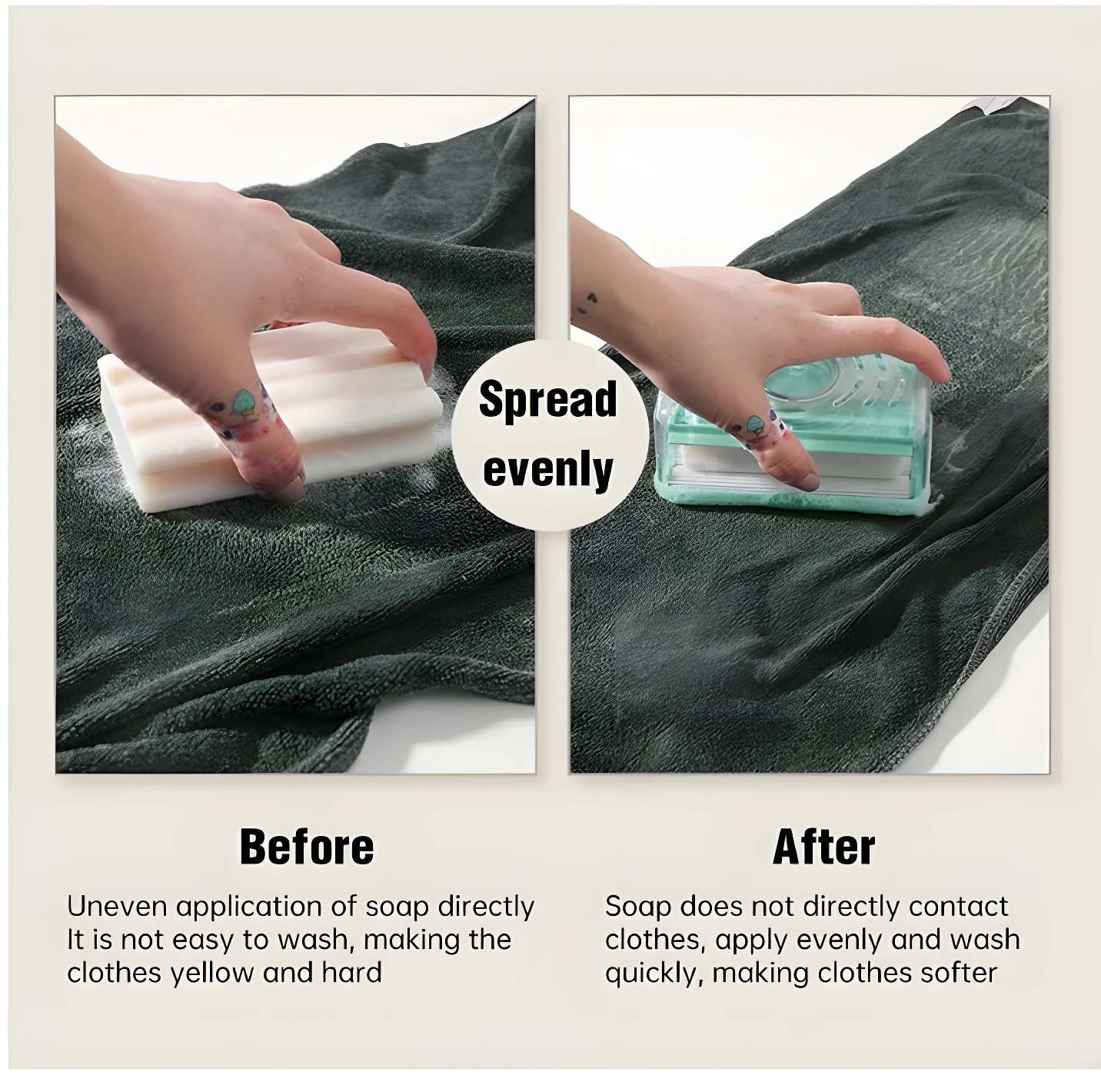 Comparación antes y después del uso de dispensador de jabón en barra para aplicación uniforme sobre tela oscura, evitando contacto directo.