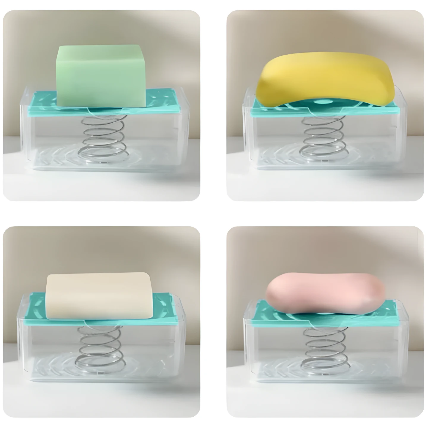 Dispensador de jabón con resorte y tapa turquesa mostrando cuatro jabones distintos: verde, amarillo, blanco y rosado.