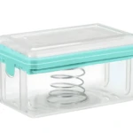 Dispensador jabón ropa transparente con tapa turquesa y resorte interno para aplicación uniforme.
