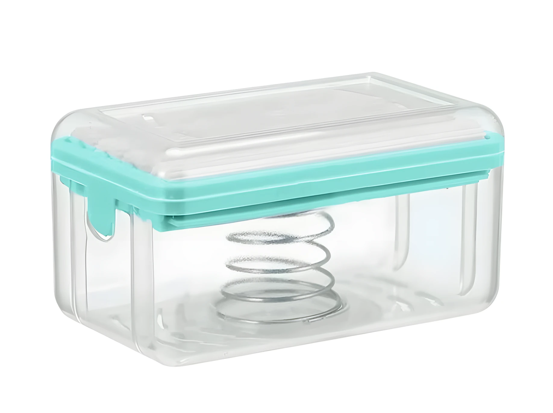Dispensador jabón ropa transparente con tapa turquesa y resorte interno para aplicación uniforme.