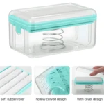 Dispensador jabón ropa transparente con tapa turquesa, rodillo goma blanco, resorte interno y base hueca.
