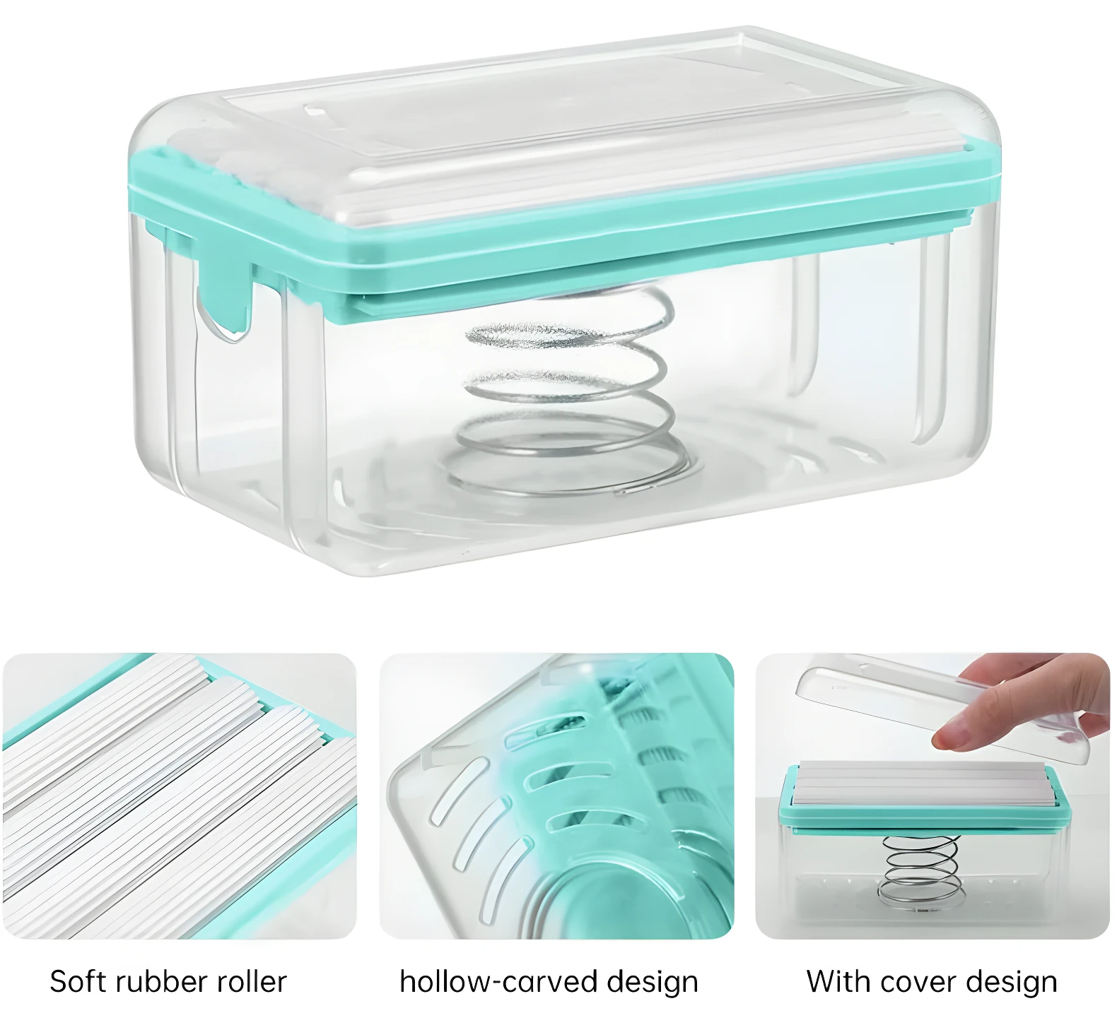 Dispensador jabón ropa transparente con tapa turquesa, rodillo goma blanco, resorte interno y base hueca.