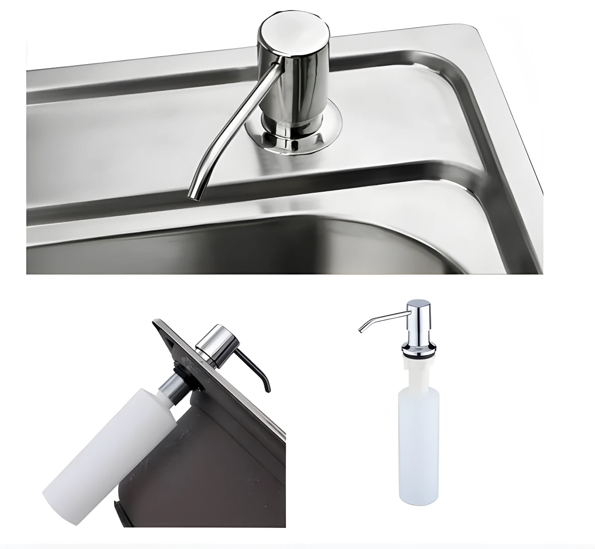 Dispensador de jabón empotrable para cocina en acero inoxidable cromado, mostrando la boquilla sobre el lavaplatos y el sistema de botella blanca por debajo.