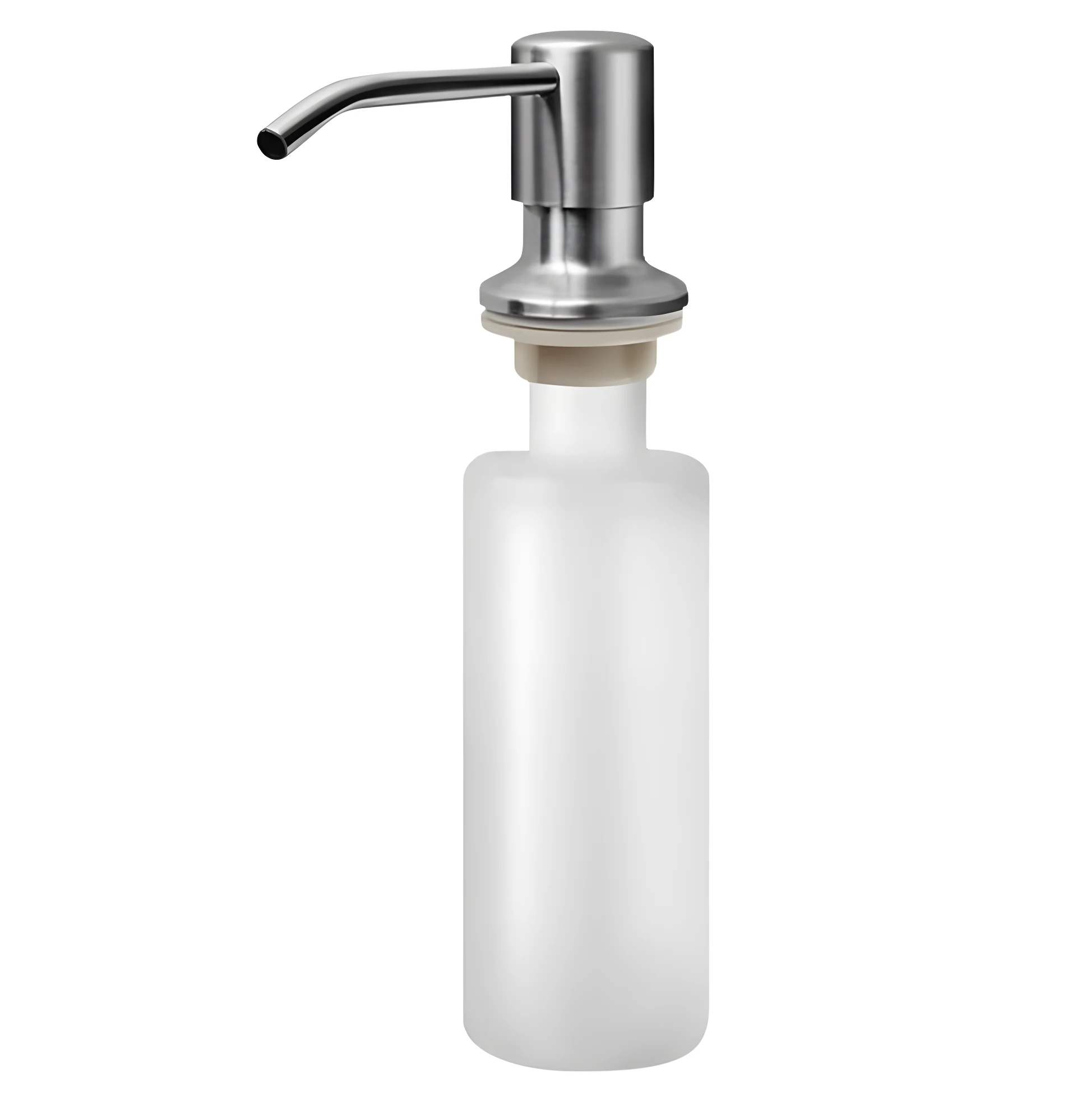 Dispensador empotrable para cocina, bomba dosificadora metálica en acabado acero inoxidable y botella plástica esmerilada.