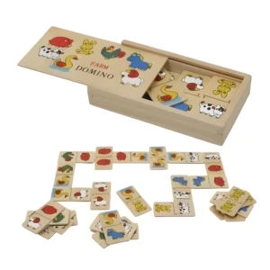 Dominós de madera infantil temáticos de granja, con piezas sueltas y caja deslizante, mostrando animales coloreados.