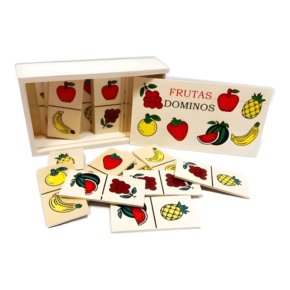 Dominós de madera para niños con imágenes de frutas variadas. Incluye caja de almacenamiento blanca y piezas sueltas.