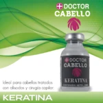 Ampolla de 25ml de Keratina Doctor Cabello, ideal para cabellos tratados, con diseño degradado verde y ondas.