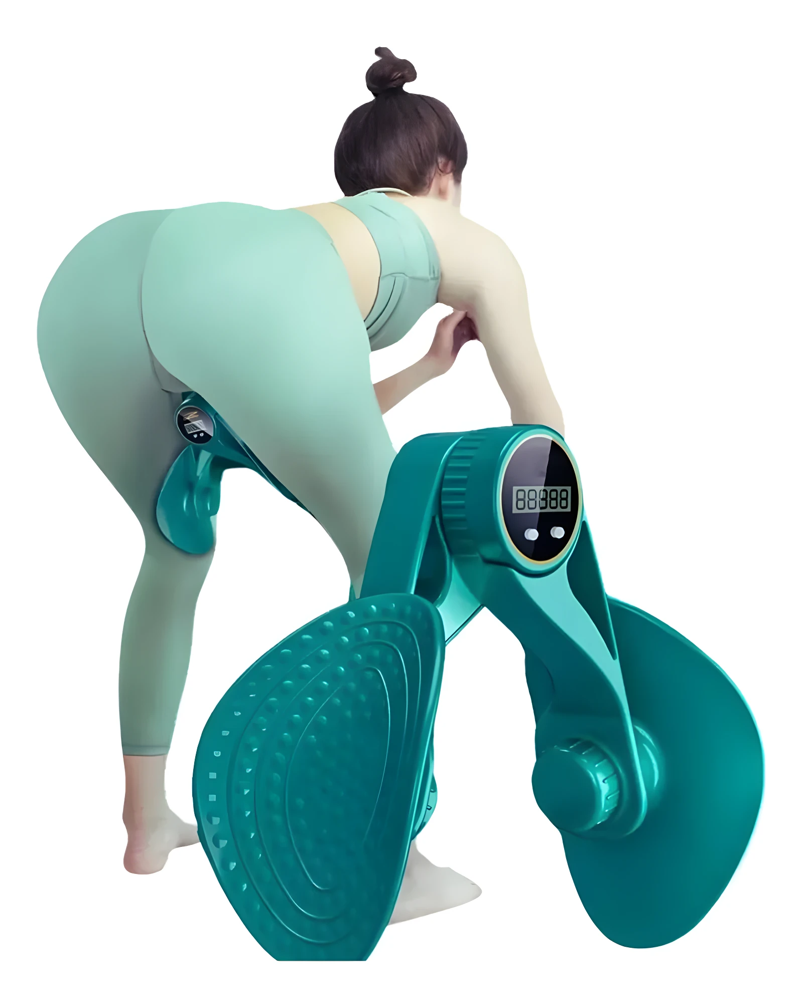 Mujer haciendo ejercicio inclinado con ejercitador pélvico azul verdoso con pantalla digital y pedales texturizados.