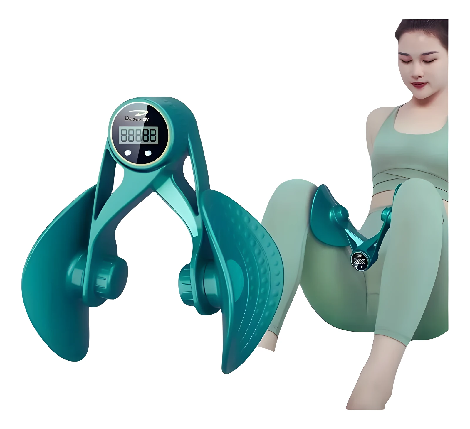 Ejercitador pélvico verde azulado con pantalla digital, usado por mujer sentada en leggings.