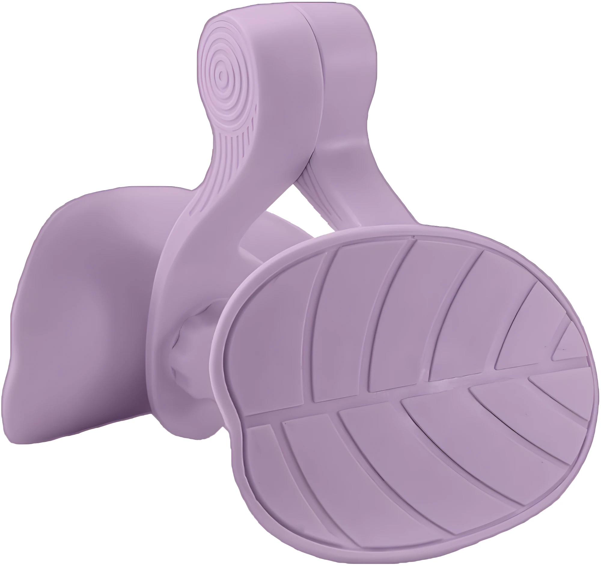 Ejercitador de suelo pélvico morado claro con diseño de hoja en la base y textura circular en la parte superior.