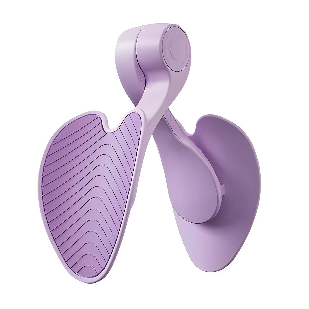 Ejercitador de suelo pélvico color lila pastel, mecanismo articulado con almohadillas texturizadas para agarre.