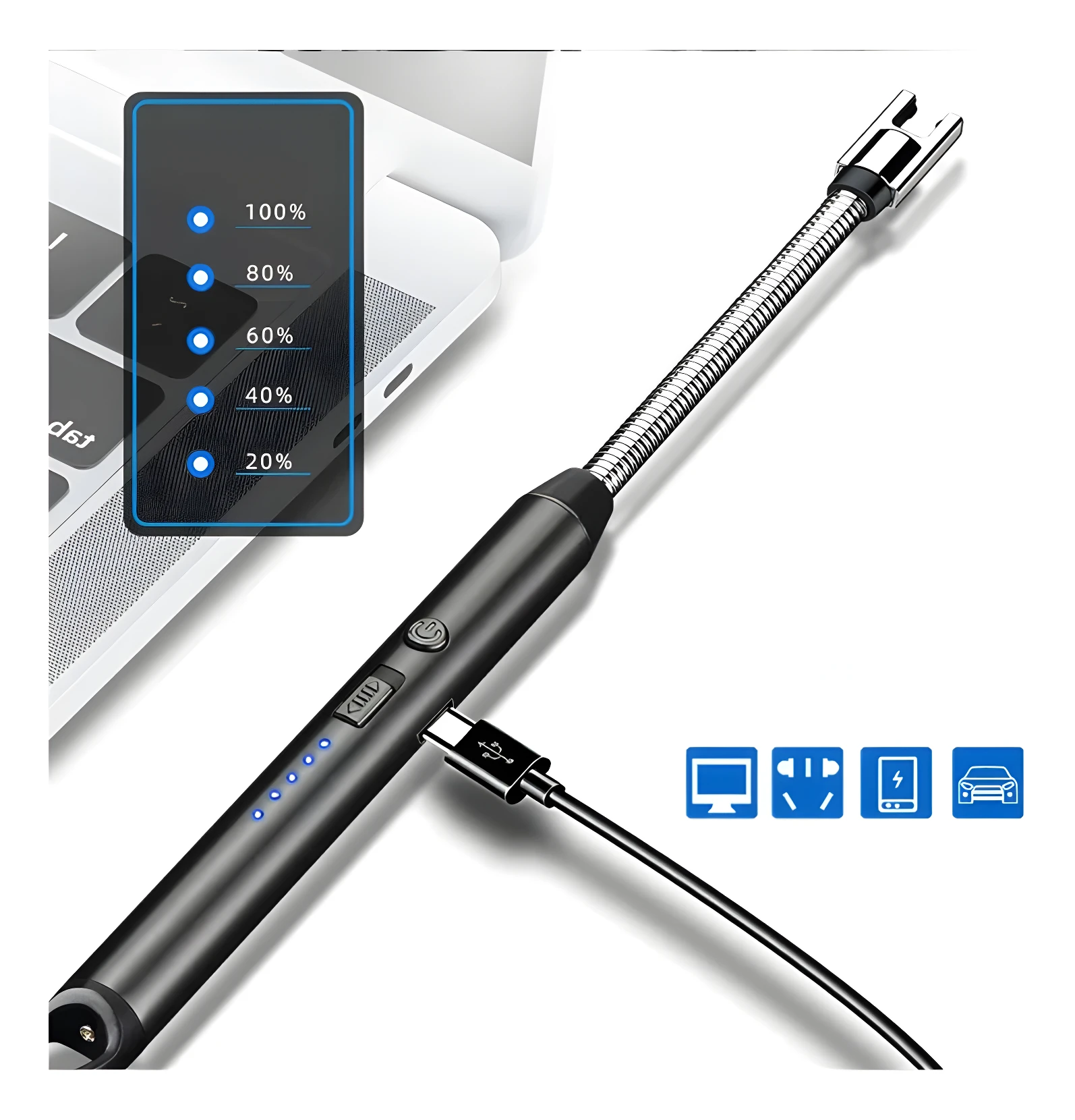 Encendedor eléctrico recargable USB color negro con cuello flexible y medidor de batería de 5 niveles.
