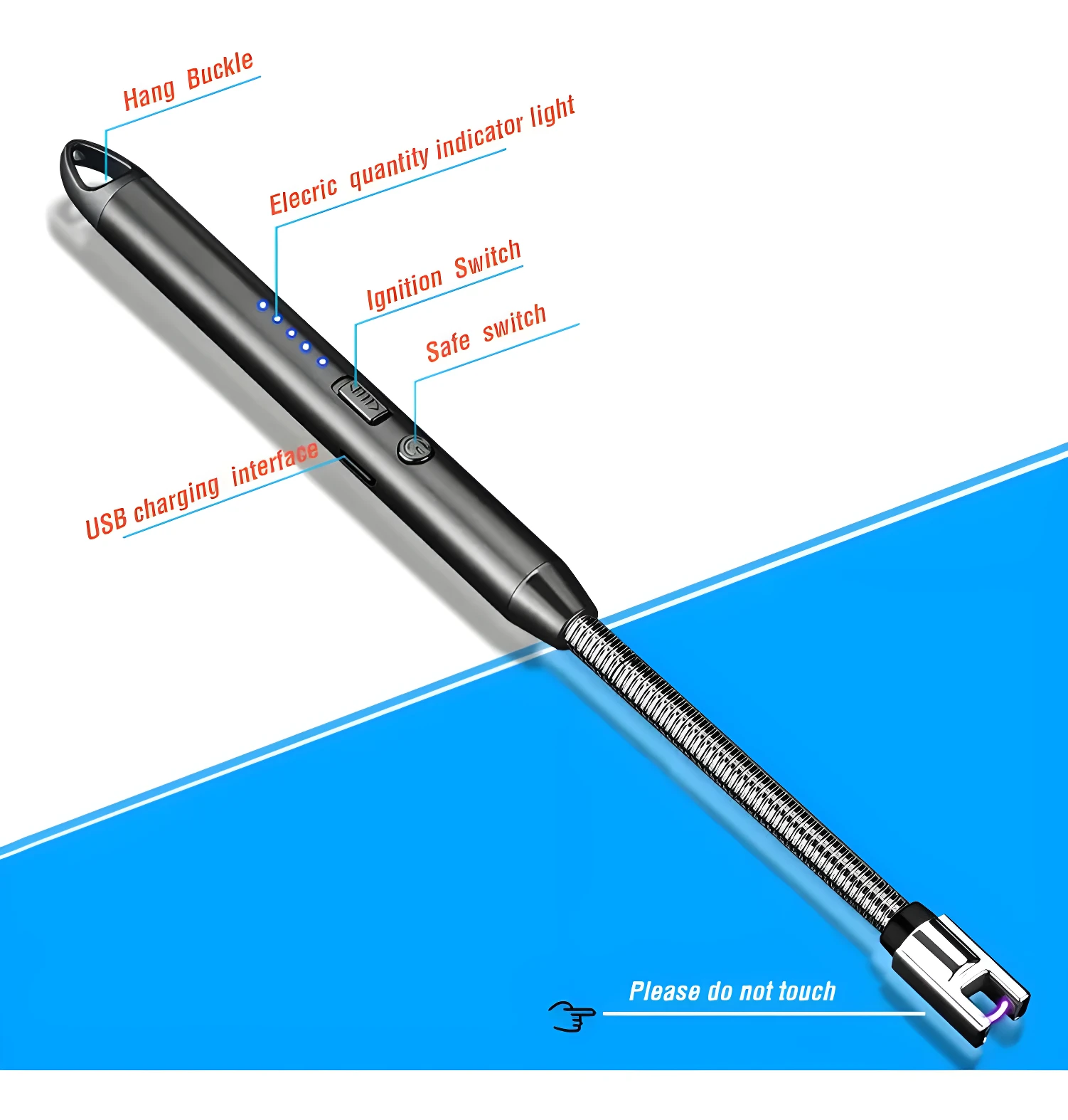 Encendedor eléctrico recargable USB, color gris oscuro, con cuello flexible metálico e indicador de batería LED.