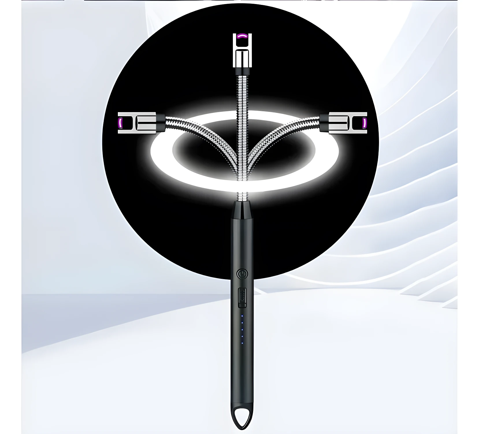 Encendedor eléctrico recargable negro con tres cuellos flexibles metálicos y arcos de plasma morado, sobre fondo blanco.