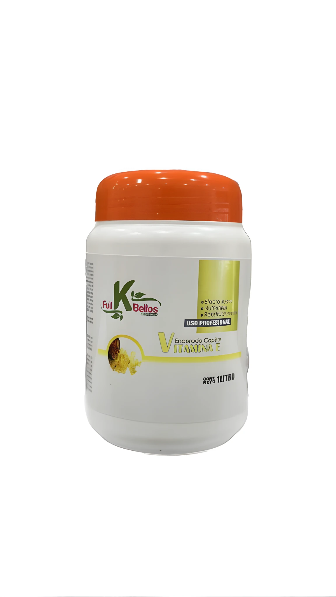 Frasco blanco con tapa naranja de Encerado Capilar Vitamina E Profesional, 1 litro.