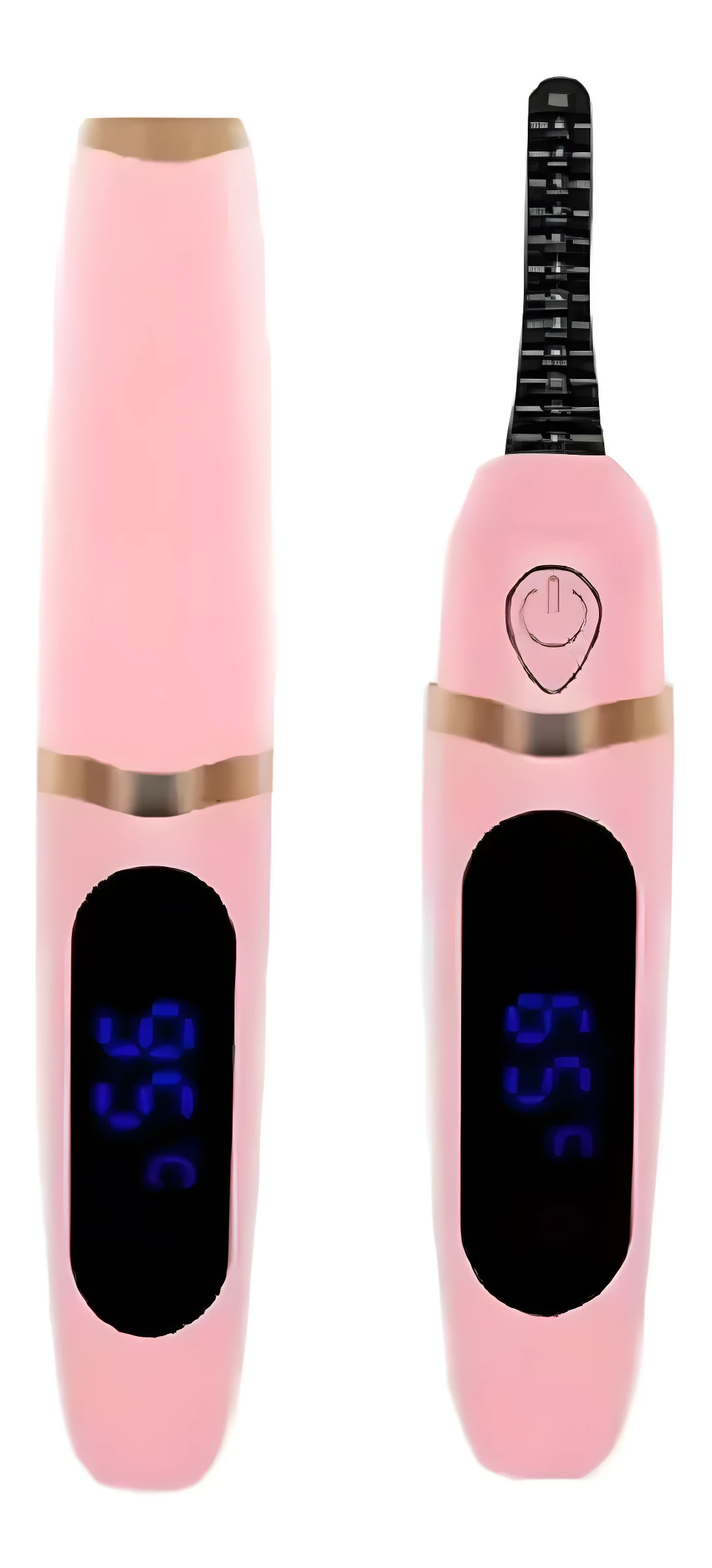 Encrespador eléctrico de pestañas rosa con pantalla LED mostrando 49°C y 65°C, y peine calentado.