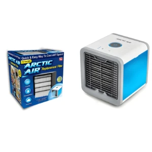 Enfriador de aire personal Arctic Air en blanco y azul con filtro de repuesto.