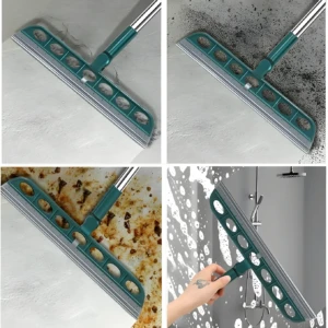 Escoba de silicona verde para barrer y recoger líquidos en suelos, ideal para limpieza de baños y cocinas.