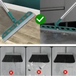 Escoba mágica de silicona verde para limpiar agua, pelo y polvo. Demostración de eficacia en suelos lisos.