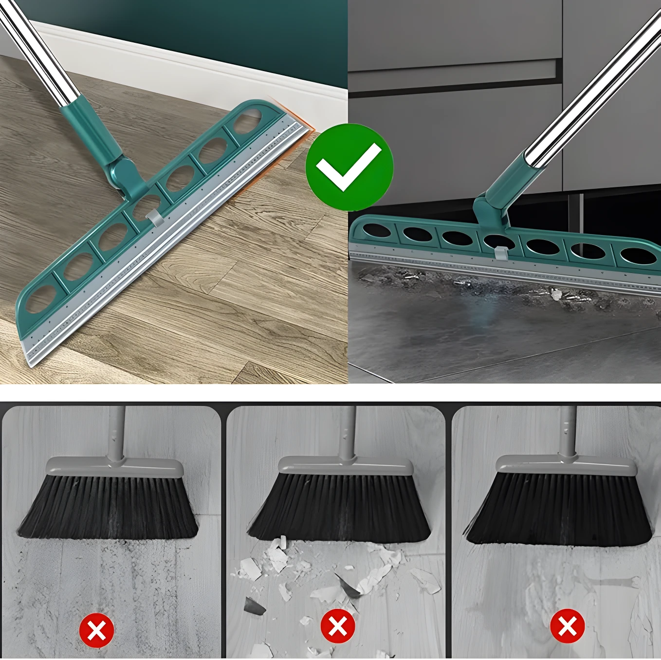 Escoba mágica de silicona verde para limpiar agua, pelo y polvo. Demostración de eficacia en suelos lisos.
