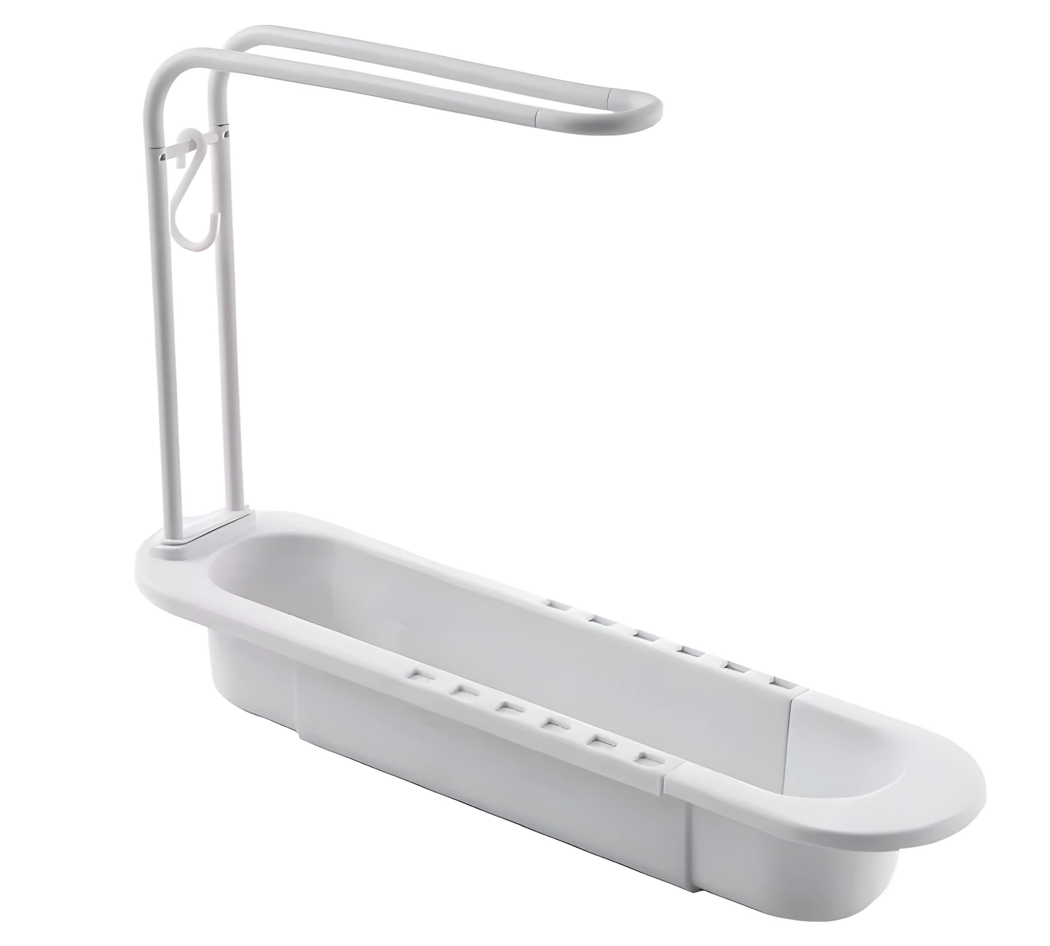 Escurridor extensible blanco para fregadero con soporte vertical para paños y gancho lateral.