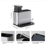 Dispensador y escurridor de jabón acero inoxidable 3 en 1 para cocina, 18.8cm alto x 18cm ancho. Incluye detalle silicona.