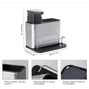 Dispensador y escurridor de jabón acero inoxidable 3 en 1 para cocina, 18.8cm alto x 18cm ancho. Incluye detalle silicona.