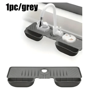 Escurridor gris de silicona para grifo de cocina, con compartimentos para jabón y esponja, mantiene seca la encimera.
