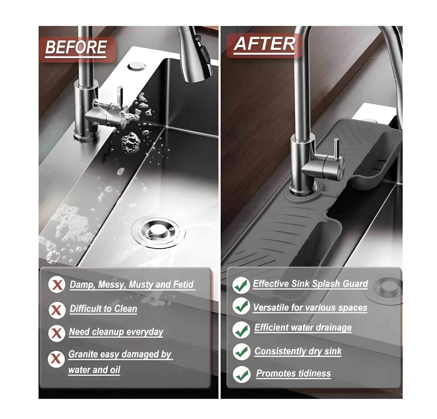 Escurridor de silicona para grifo de cocina: antes y después, mostrando encimera seca y ordenada con drenaje eficiente.